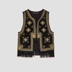Zara Woman Black Gold Tapestry Embroidered Fringe Vest Size S